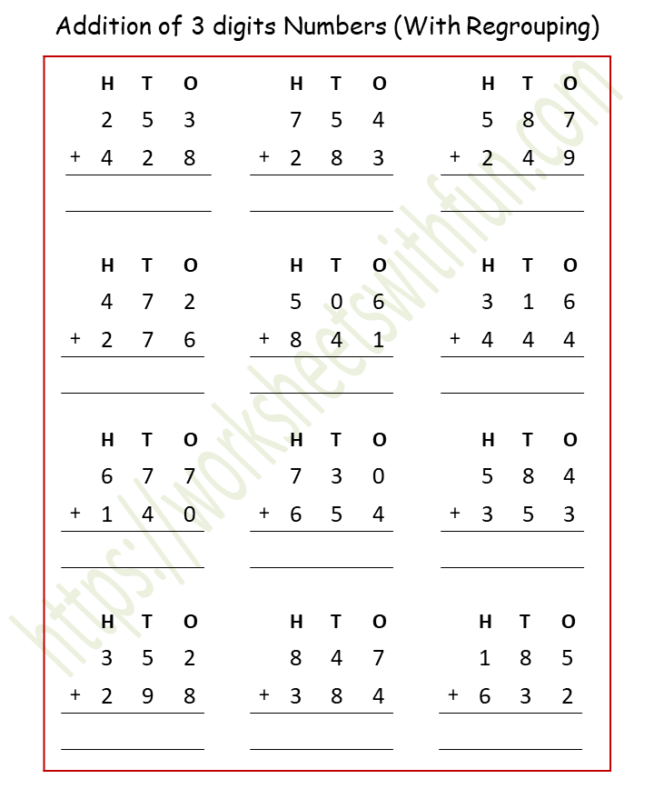 Addition Of Whole Numbers With Regrouping Worksheets